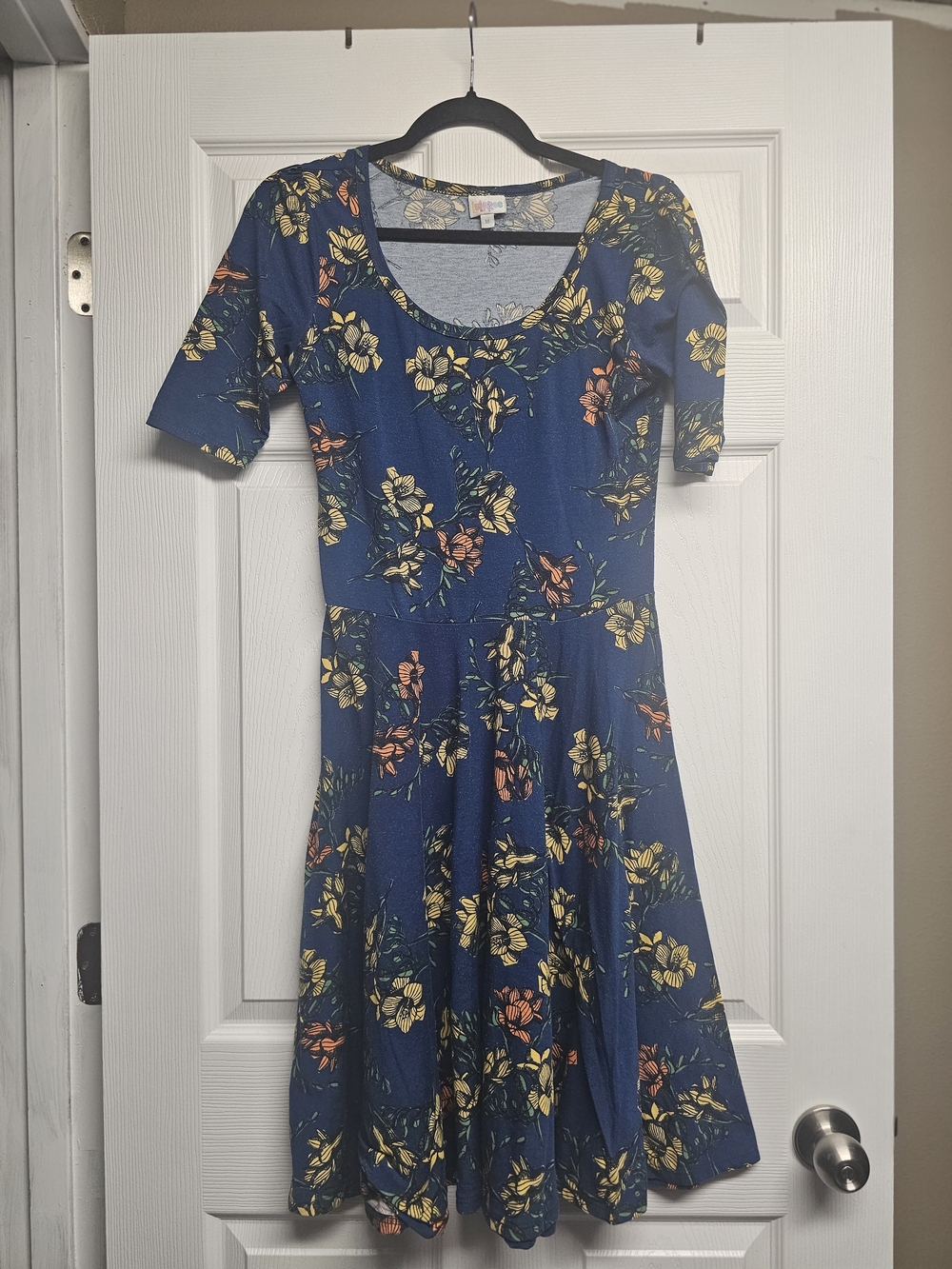 LuLaRoe Navy Floral Scoop-Neck Midi Dress with Yellow & Coral Blooms - Picture 1 of 3